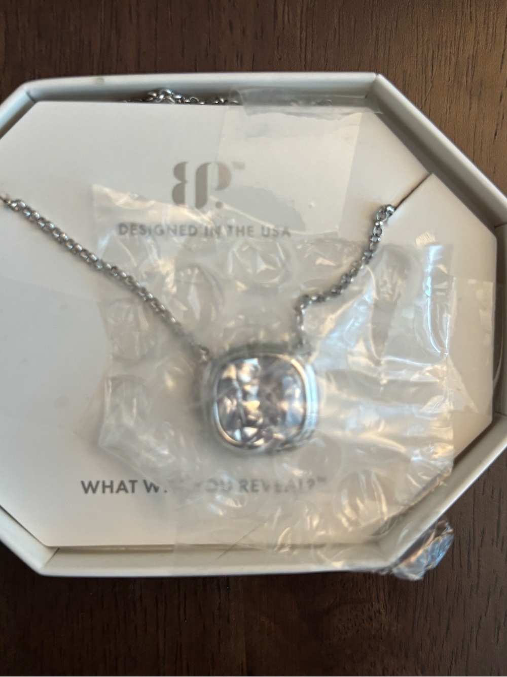 BNIB bomb party necklace, rhodium plated with cushion, cut CZ